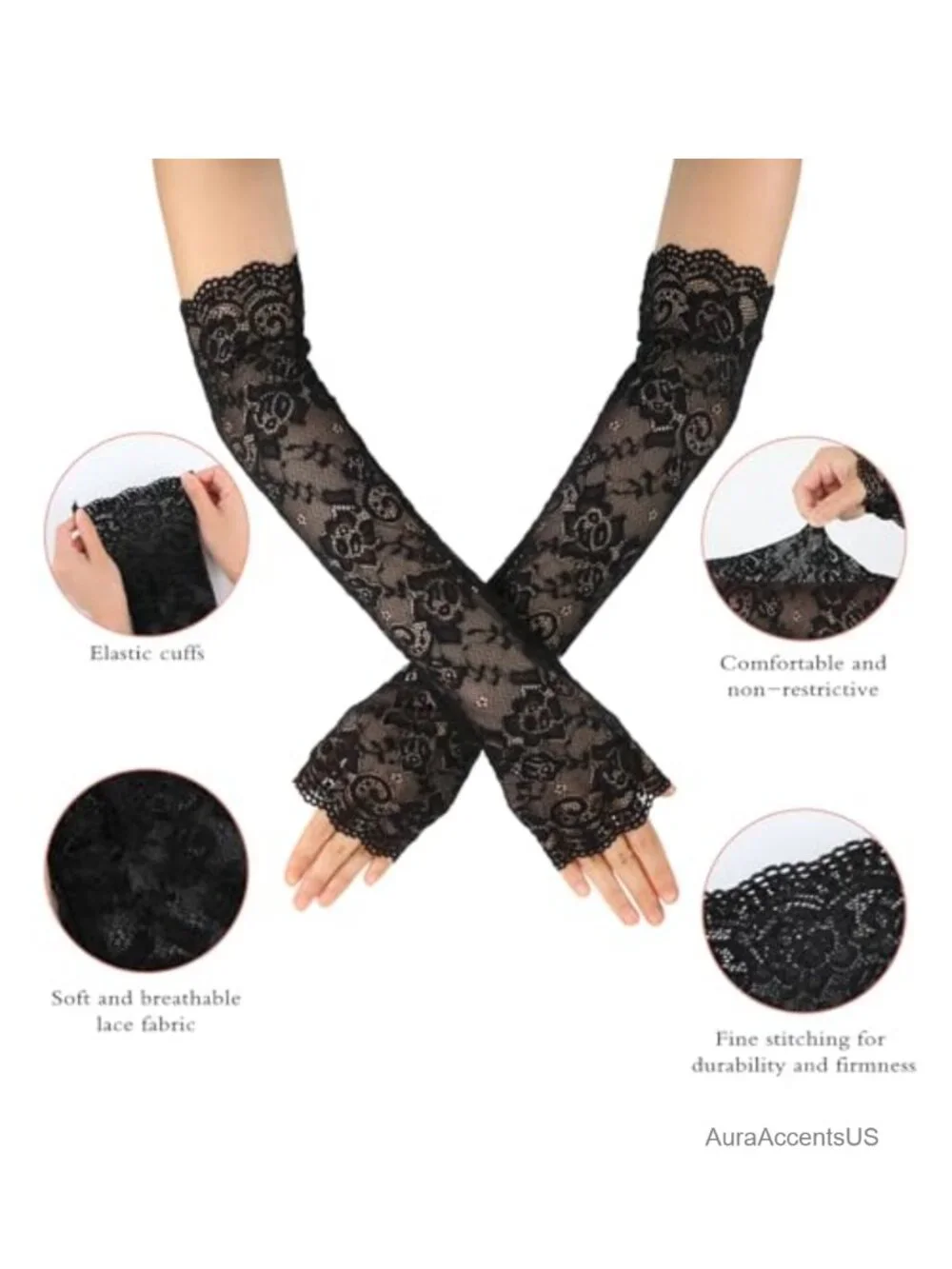 Lace Fingerless Arm Sleeves Women Elbow Length Floral Stretchy